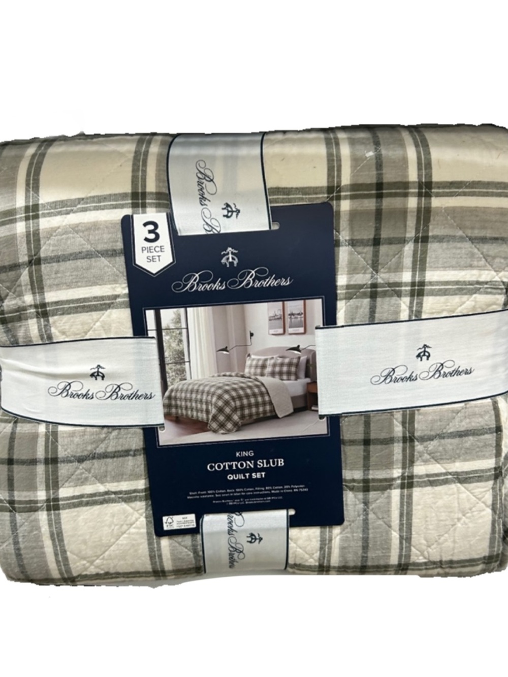 Brooks Brothers Gray and White King Plaid Quilt Set 106”x92”